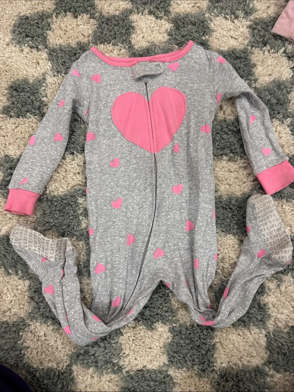 Carter's Gray Footed Pajamas with Pink Hearts and Center Heart Zip